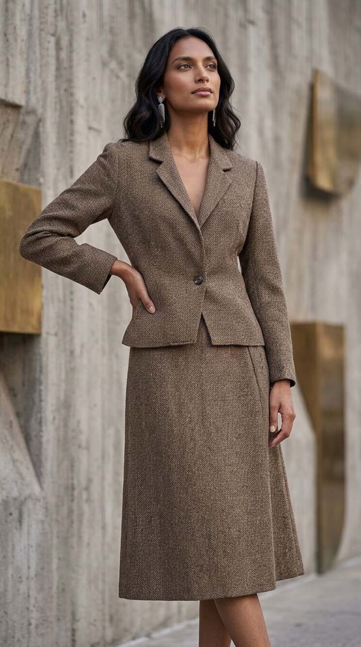 Vintage Tweed Suit Brown 2 Piece Set Blazer and Skirt